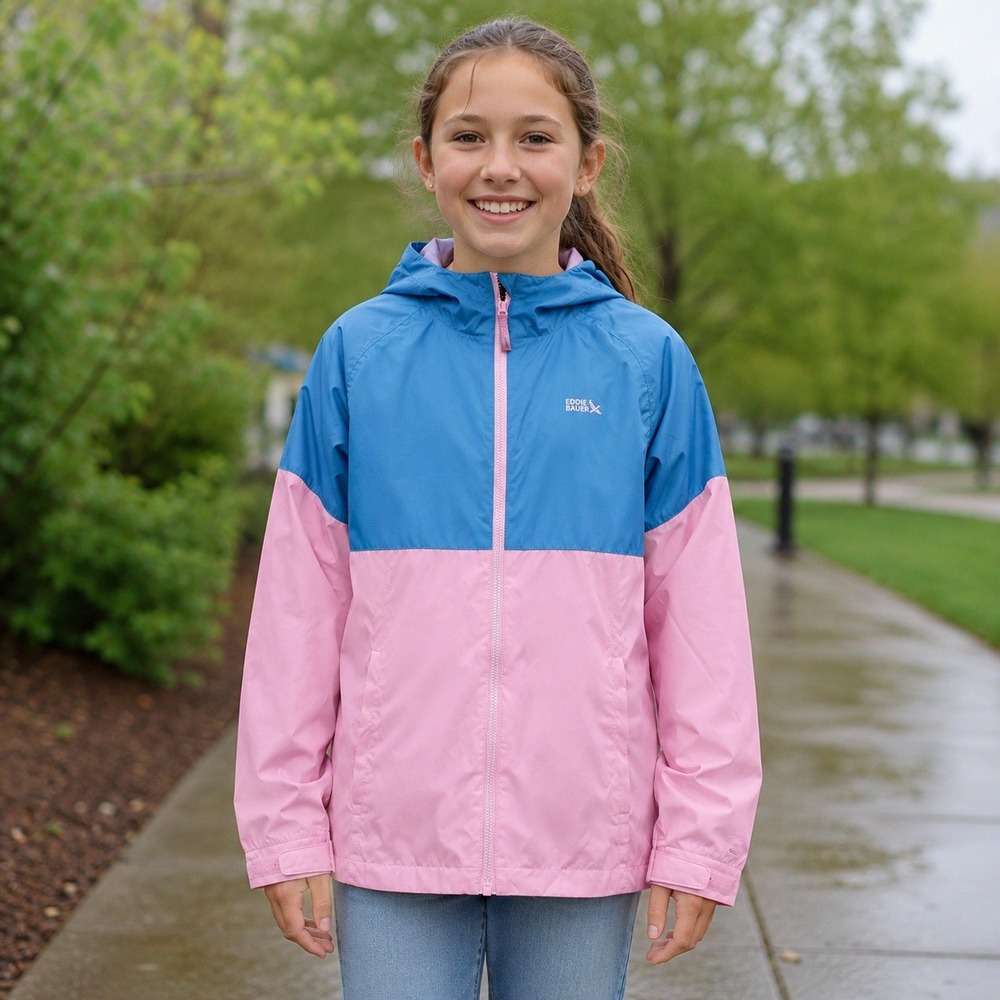 Eddie Bauer Kids XL 18/20 Rain Jacket NWOT Blue Pink Hooded Full Zip